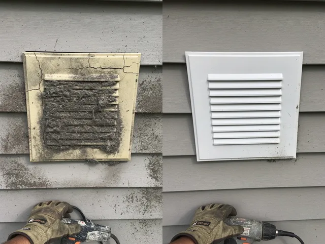 El Sobrante Dryer Vent Cleaning technician installing high-quality dryer vent cover at a residential property in El Sobrante
